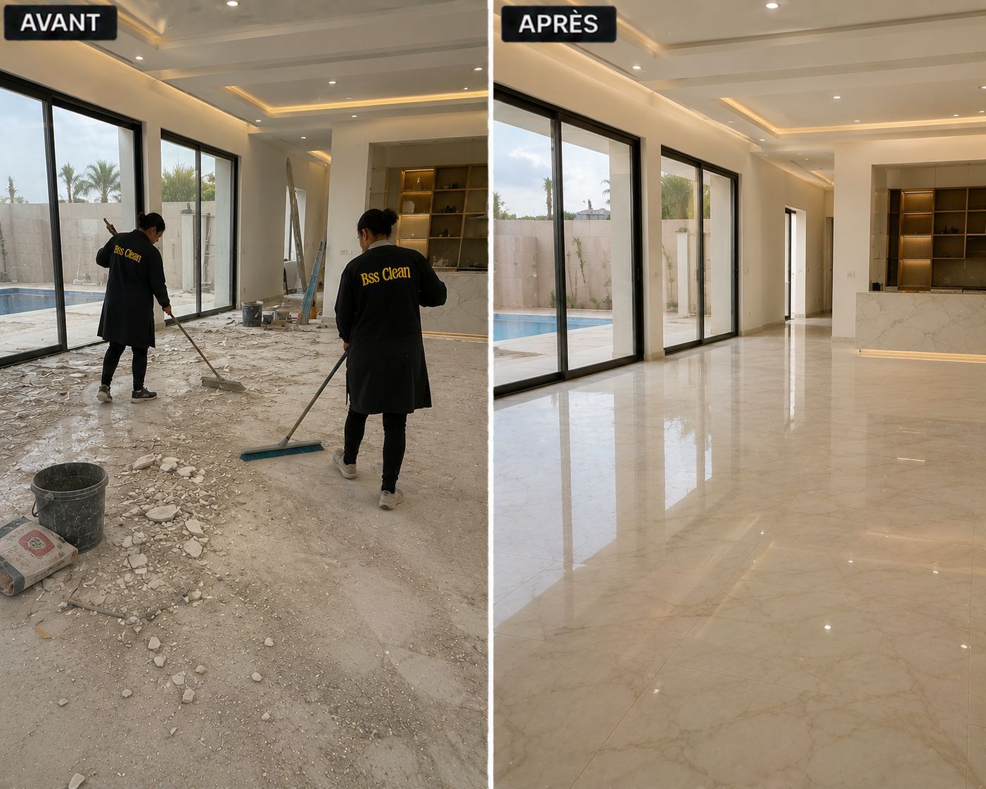 Nettoyage fin de chantier avant après appartement neuf BSS Clean Tanger