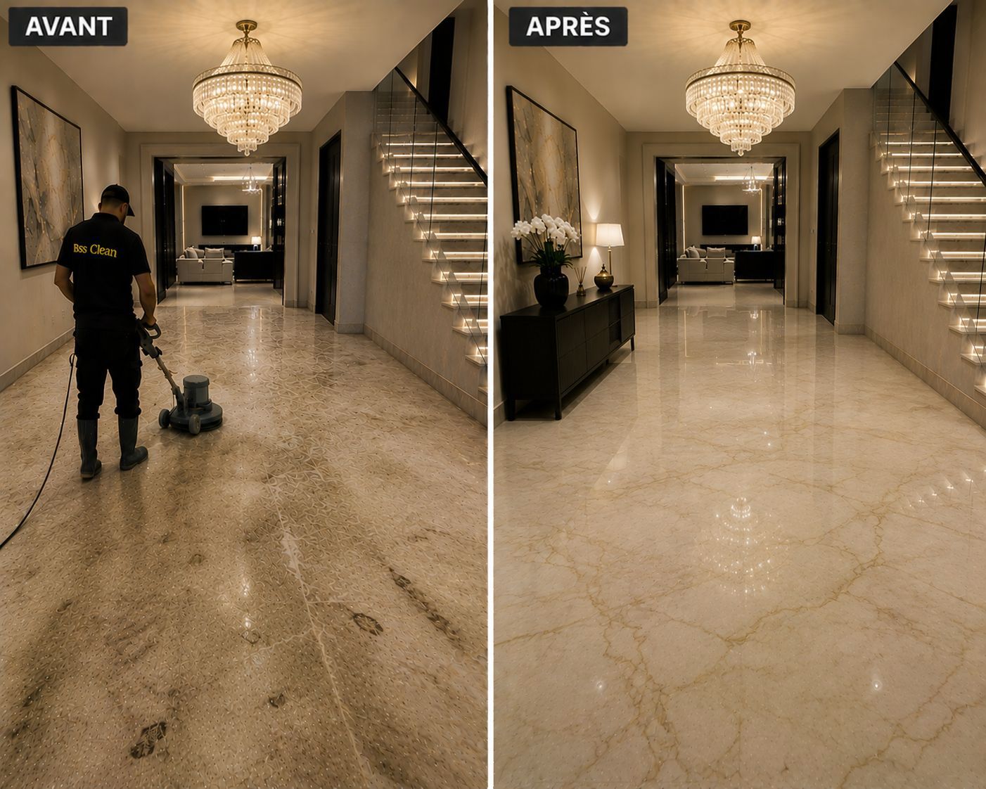 Avant après cristallisation marbre BSS Clean Tanger
